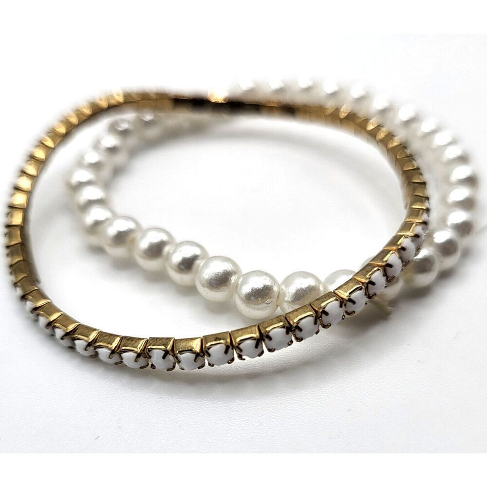 Lot of 2 Pearl and White Rhinestone Stretchy Bracelet Set 2.25in dia